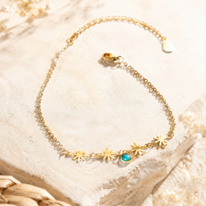 Chaines de cheville double acier doré soleil&turquoise