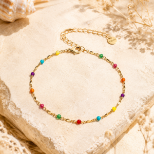 Chaines de cheville acier doré perles multicolores