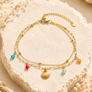 Chaine de cheville double acier doré perles couleur&Coquille